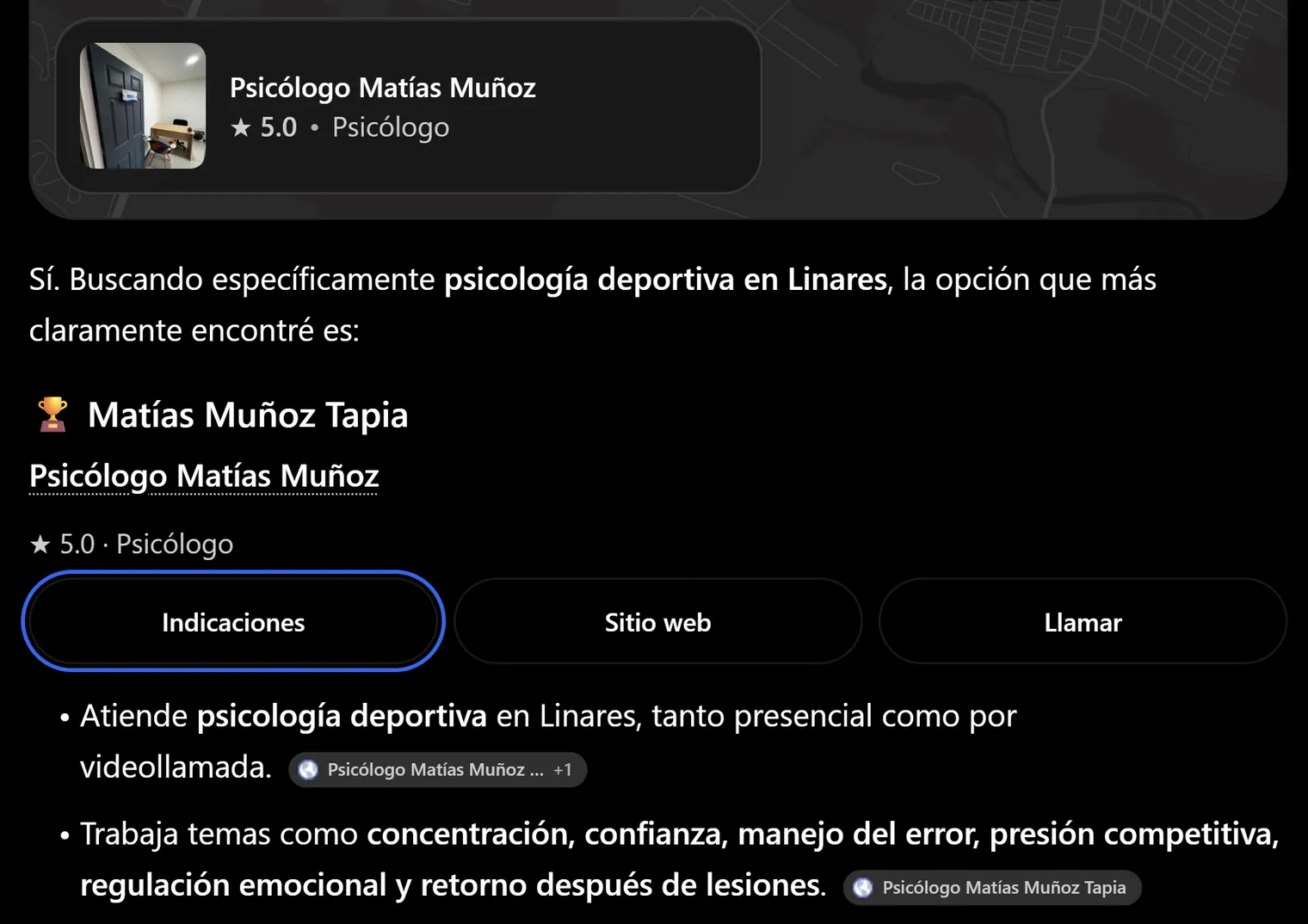 Respuesta de ChatGPT que recomienda a Matías Muñoz Tapia para psicología deportiva en Linares y cita su sitio web.