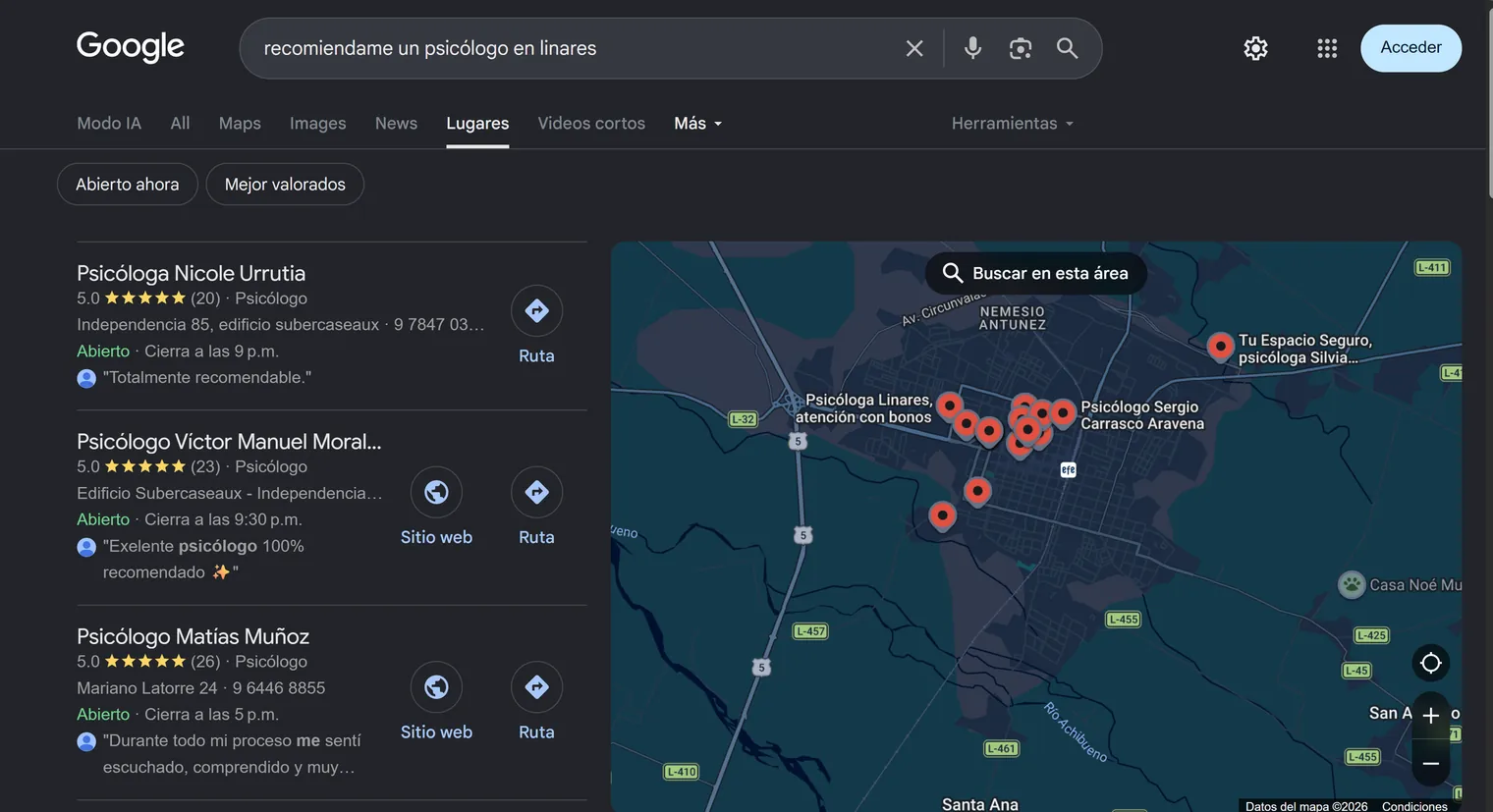 Lugares de Google al buscar un psicólogo en Linares: la ficha de Matías Muñoz aparece tercera, con nota 5,0 y 26 reseñas.