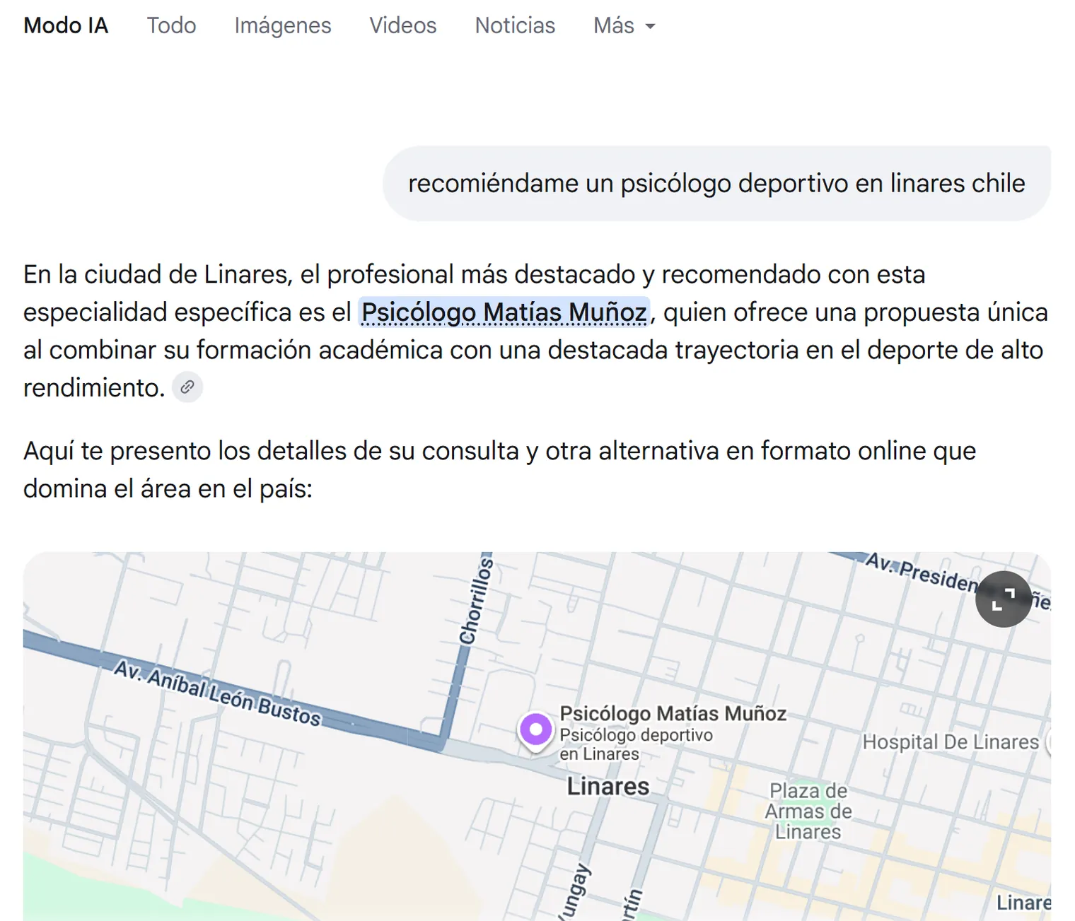 El Modo IA de Google, que funciona con Gemini, recomienda al Psicólogo Matías Muñoz como el más destacado en psicología deportiva en Linares.