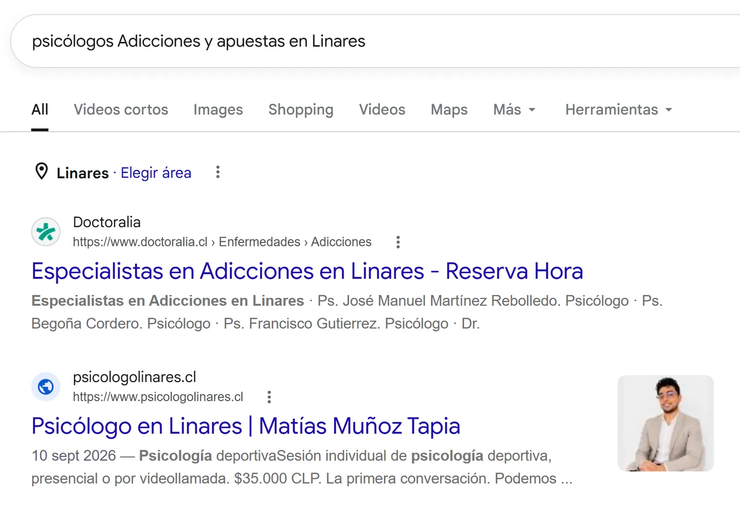 Búsqueda en Google de psicólogos para adicciones y apuestas en Linares: el sitio de Matías Muñoz aparece como segundo resultado.