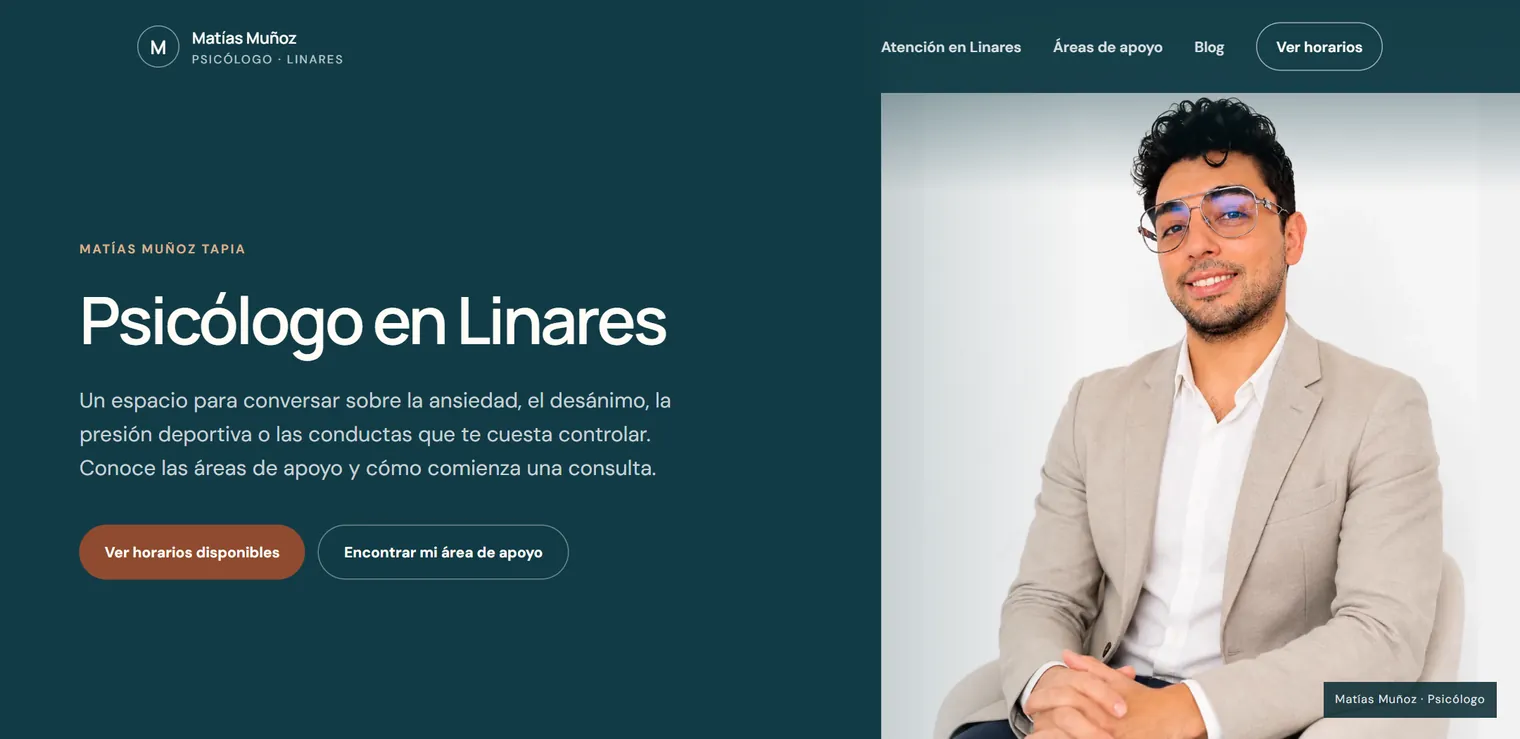 Portada de psicologolinares.cl, el sitio web de Matías Muñoz Tapia, con el título «Psicólogo en Linares» y su foto.